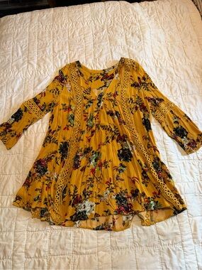 Mustard Floral V-Neck Boho Tunic Top